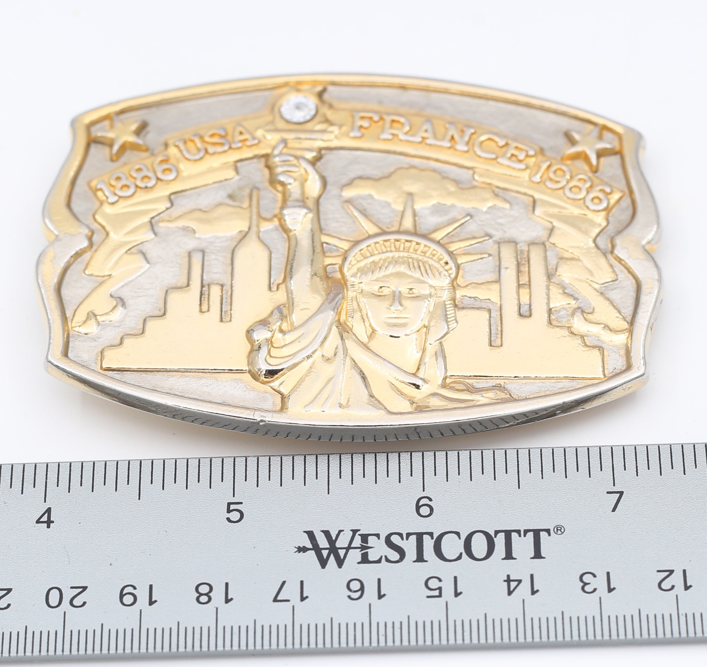 100 Yr Anniversary Statue of Liberty Gold/Silver Tone Belt Buckle with CZ Diamond