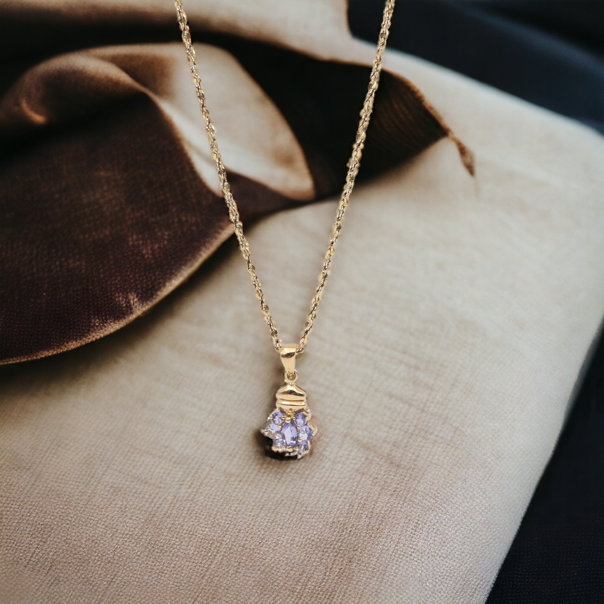14K Gold Purple Flower Stone Necklace