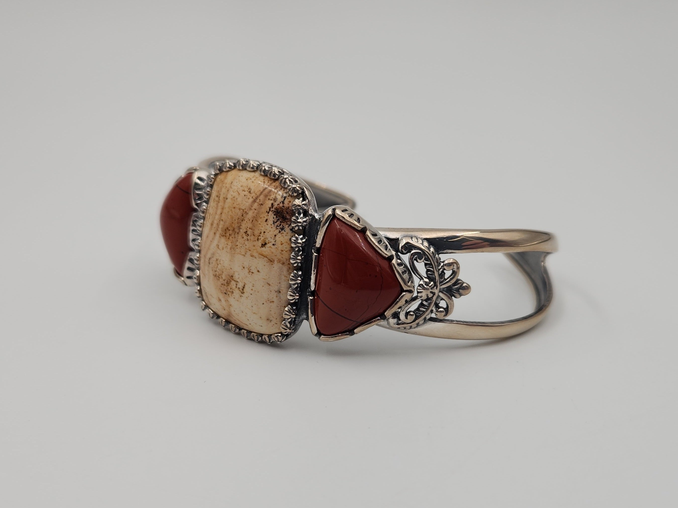 American West Quartzite & Red Jasper Sterling Ring Cuff Bracelet 925