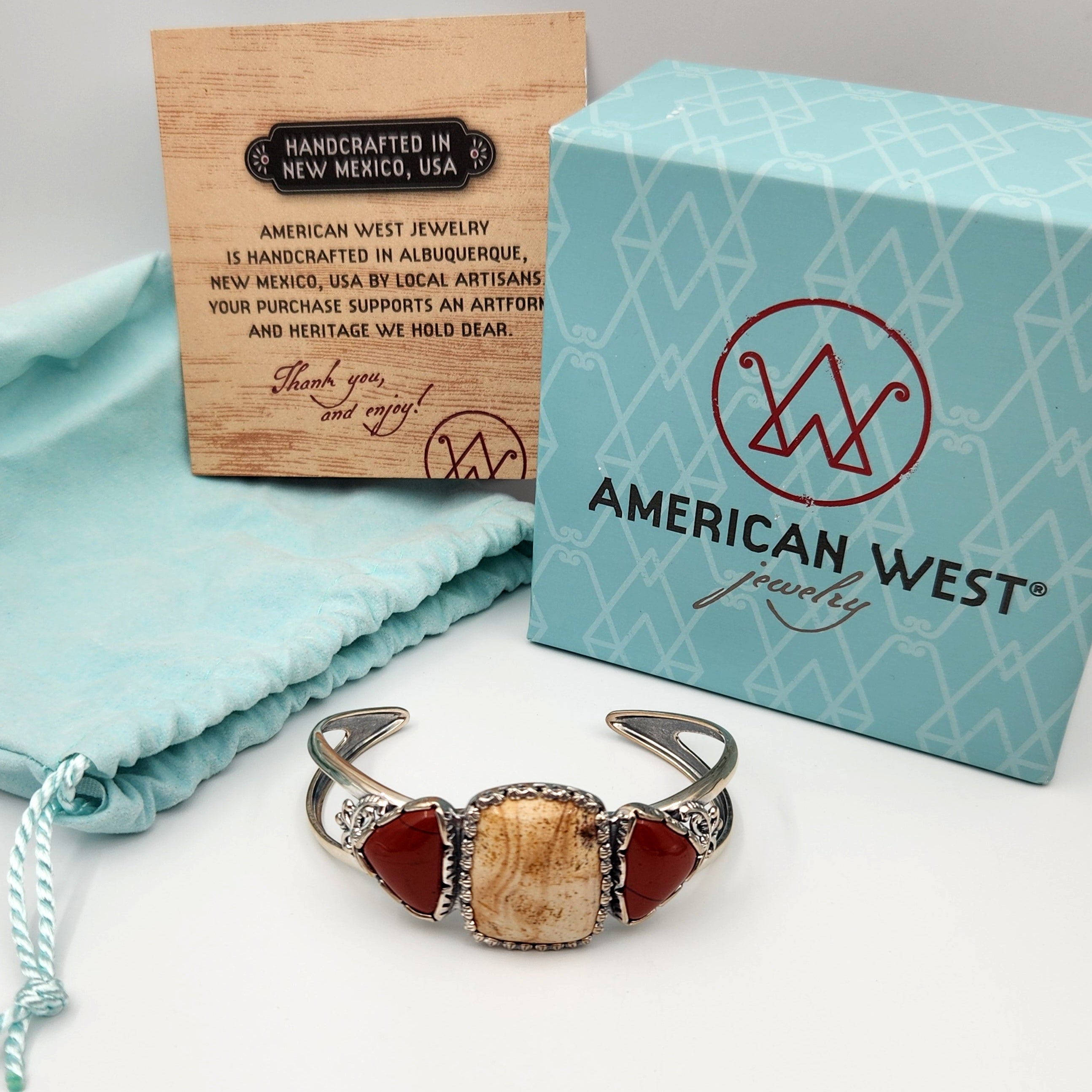 American West Quartzite &amp; Red Jasper Sterling Ring Cuff Bracelet 925
