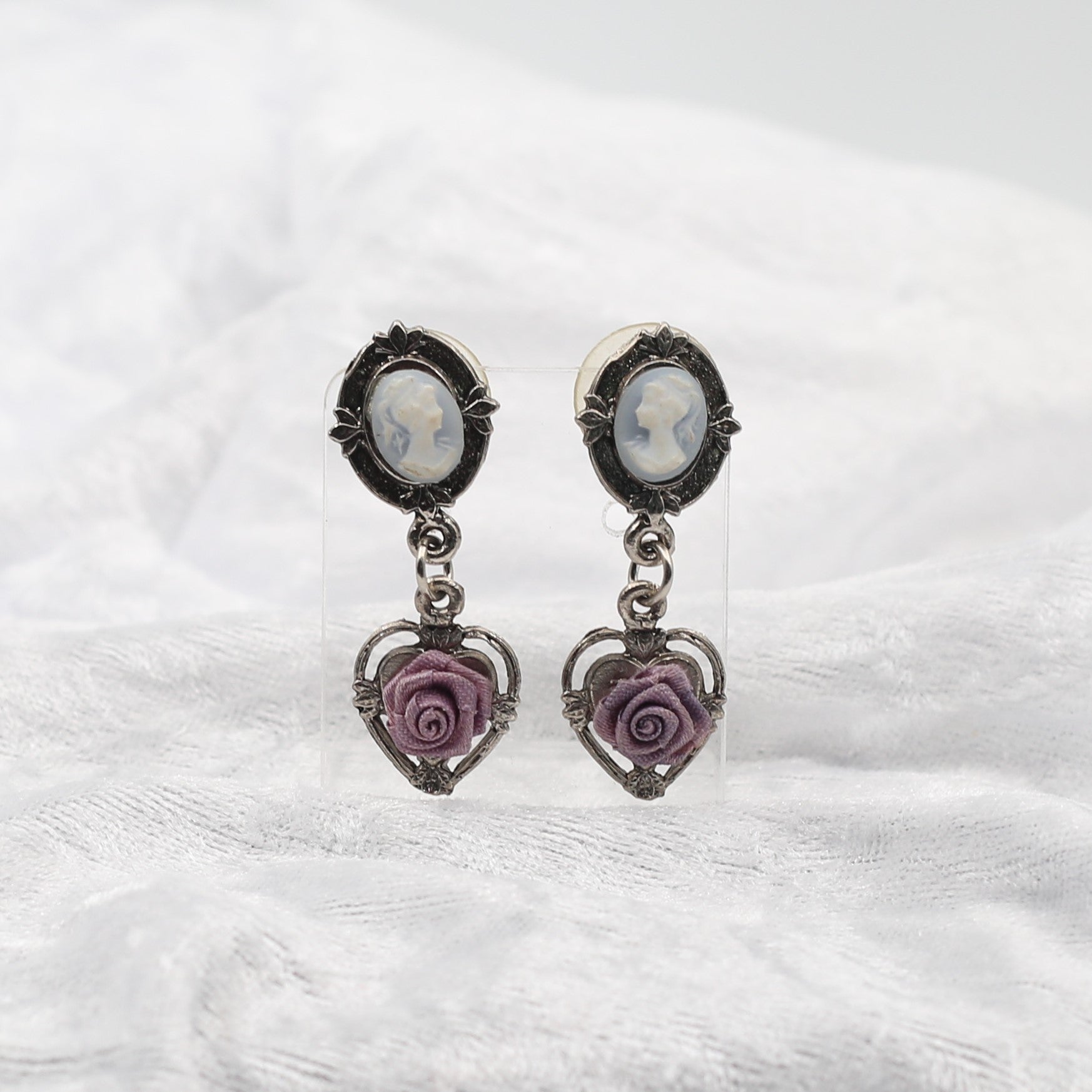 Blue Cameo with purple dangling earrings