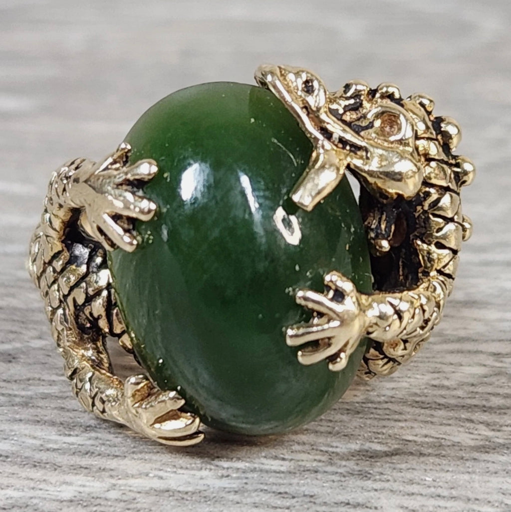 14k Yellow Gold Chinese Dragon Holding Green Jade Ring Size 6.5 Rock River Coins and Jewelry