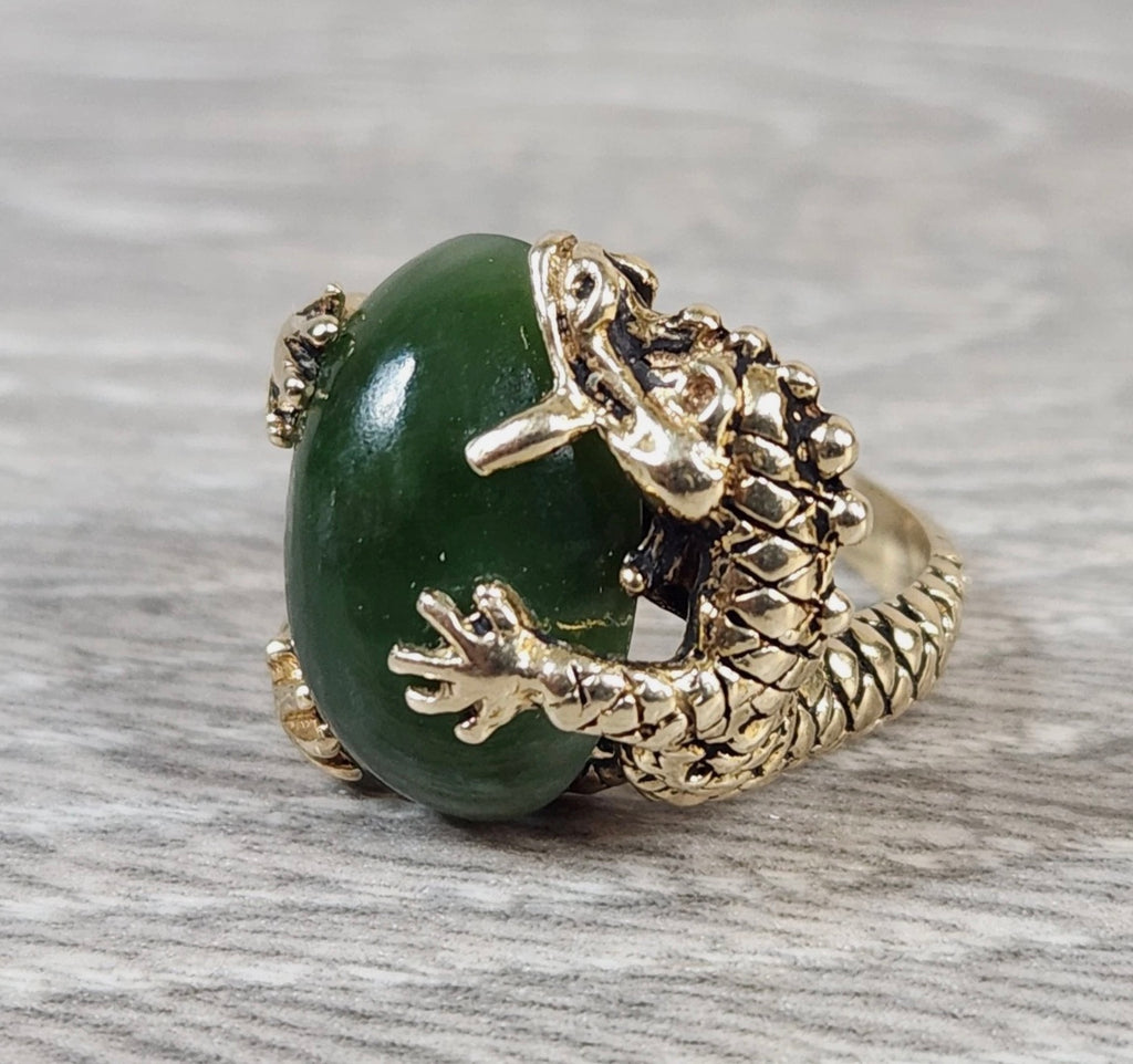 14k Yellow Gold Chinese Dragon Holding Green Jade Ring Size 6.5 Rock River Coins and Jewelry