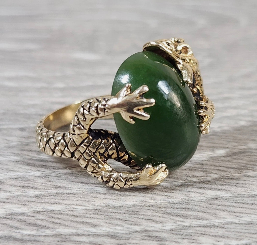 14k Yellow Gold Chinese Dragon Holding Green Jade Ring Size 6.5 Rock River Coins and Jewelry