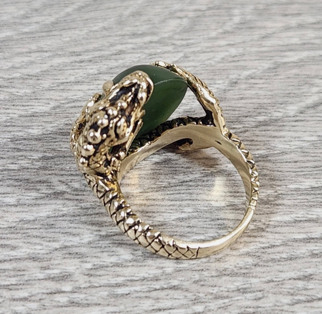 14k Yellow Gold Chinese Dragon Holding Green Jade Ring Size 6.5 Rock River Coins and Jewelry