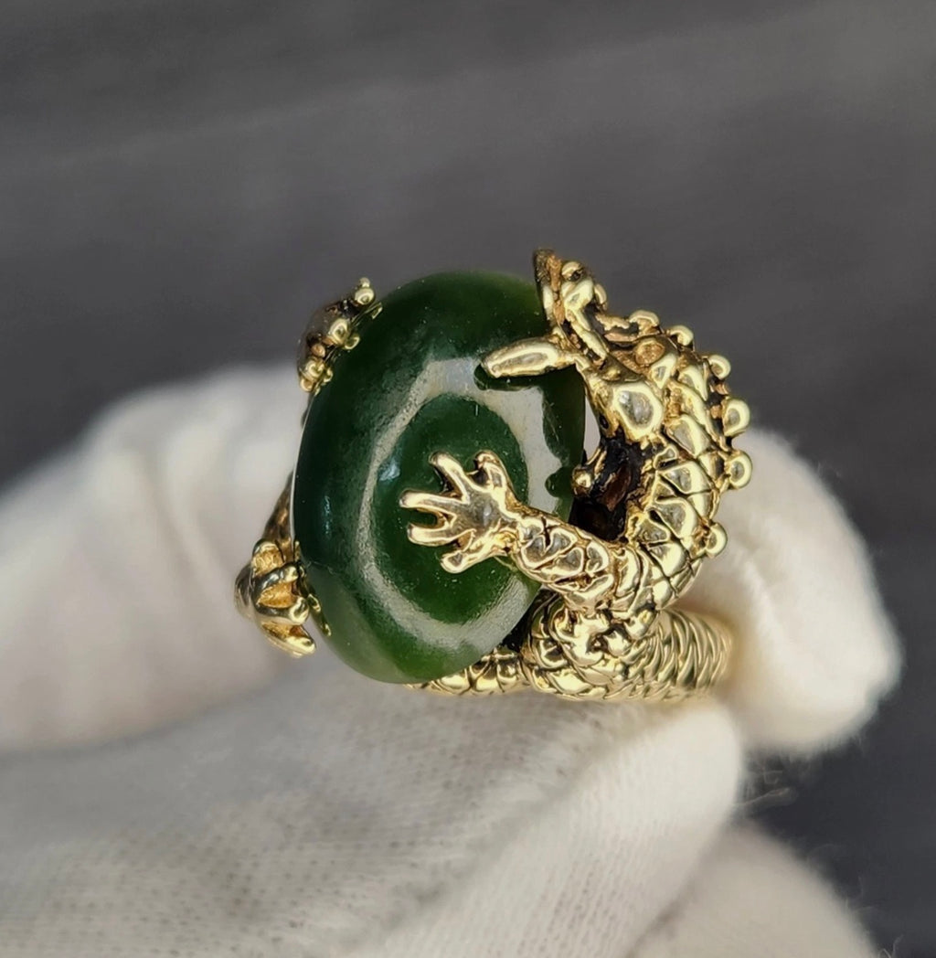 14k Yellow Gold Chinese Dragon Holding Green Jade Ring Size 6.5 Rock River Coins and Jewelry