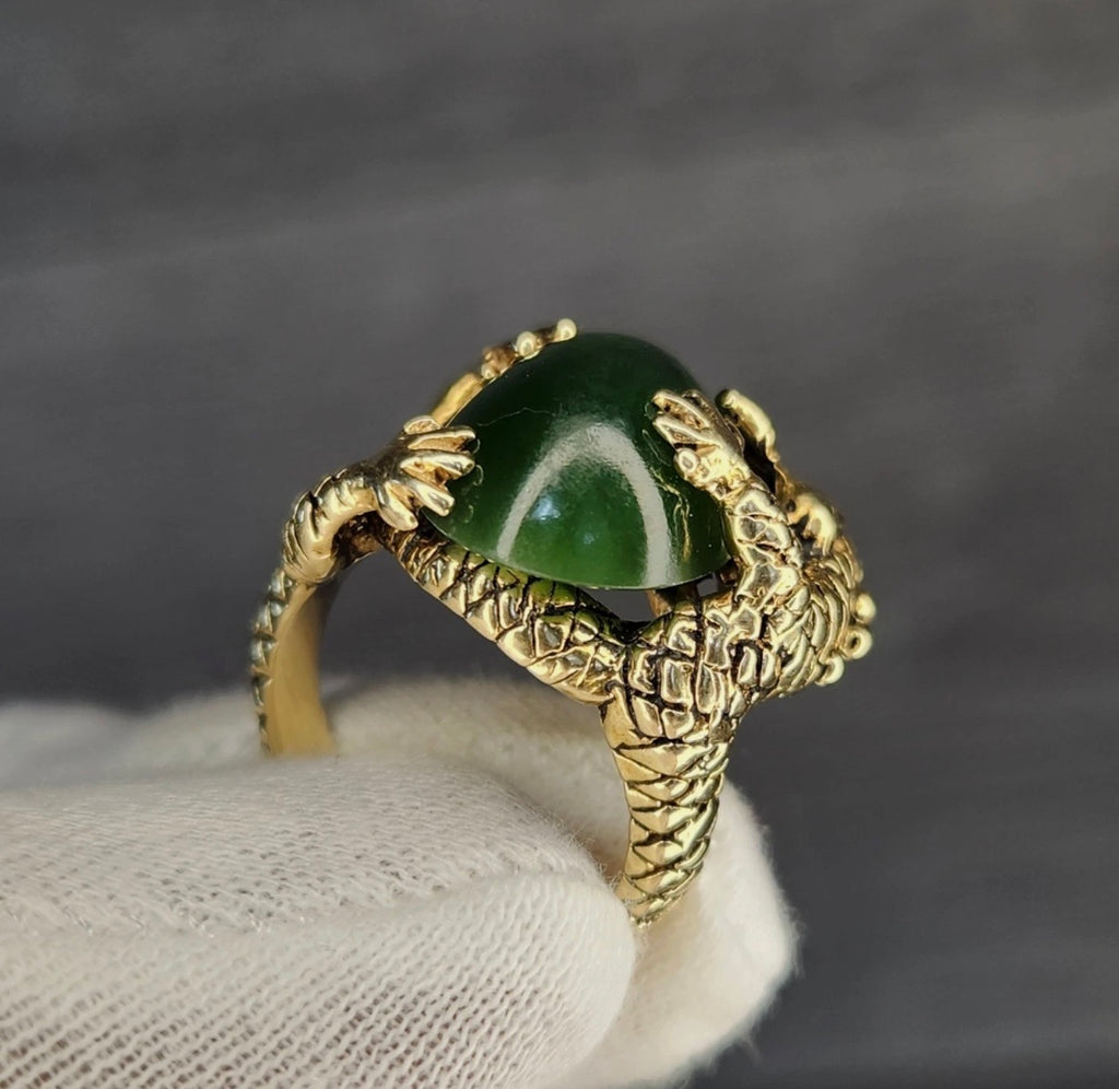 14k Yellow Gold Chinese Dragon Holding Green Jade Ring Size 6.5 Rock River Coins and Jewelry