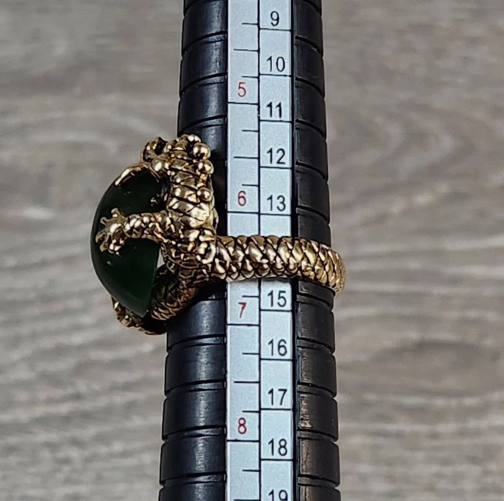14k Yellow Gold Chinese Dragon Holding Green Jade Ring Size 6.5 Rock River Coins and Jewelry