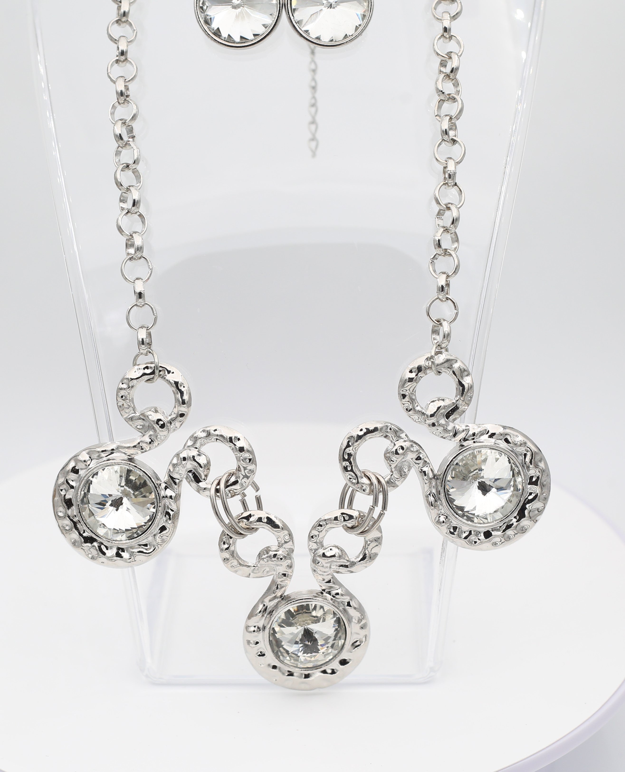 Silver Tone With Cubic Zirconia Diamond Earrings &amp; Necklac