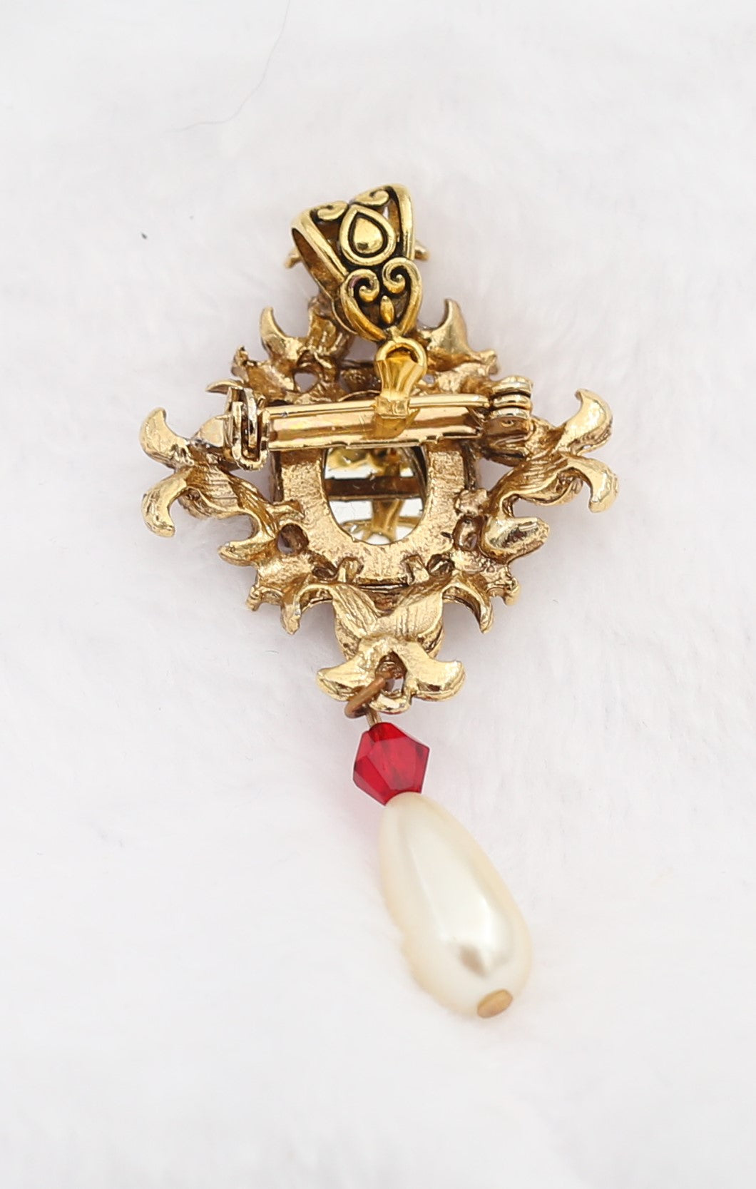 Vintage Ruby W/Gold Tone and Faux Pearl Drop Pendant