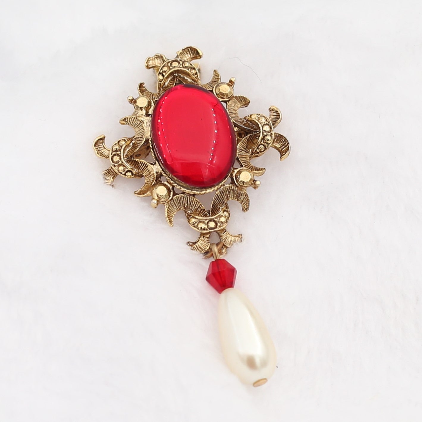 Vintage Ruby W/Gold Tone and Faux Pearl Drop Pendant