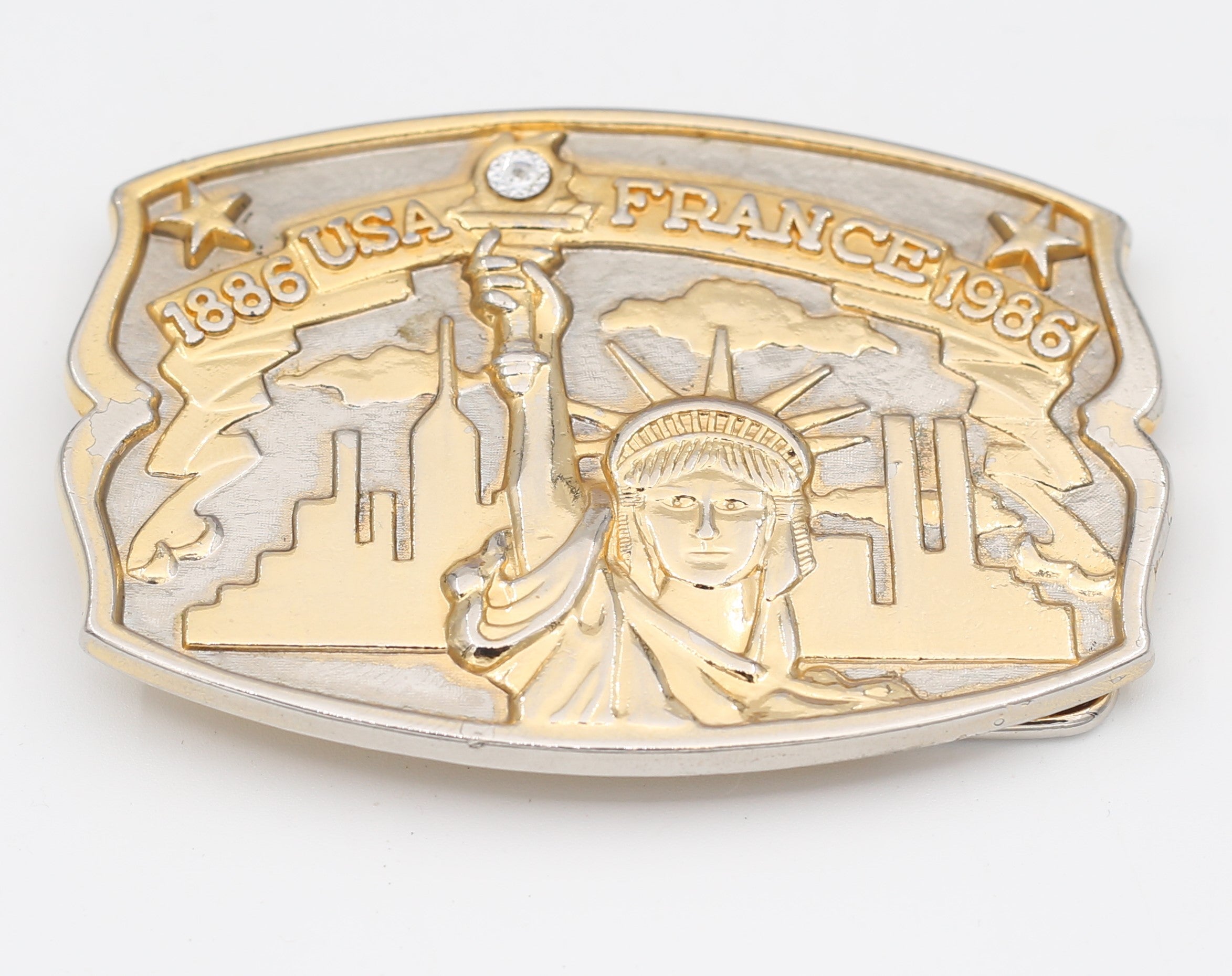 100 Yr Anniversary Statue of Liberty Gold/Silver Tone Belt Buckle with CZ Diamond