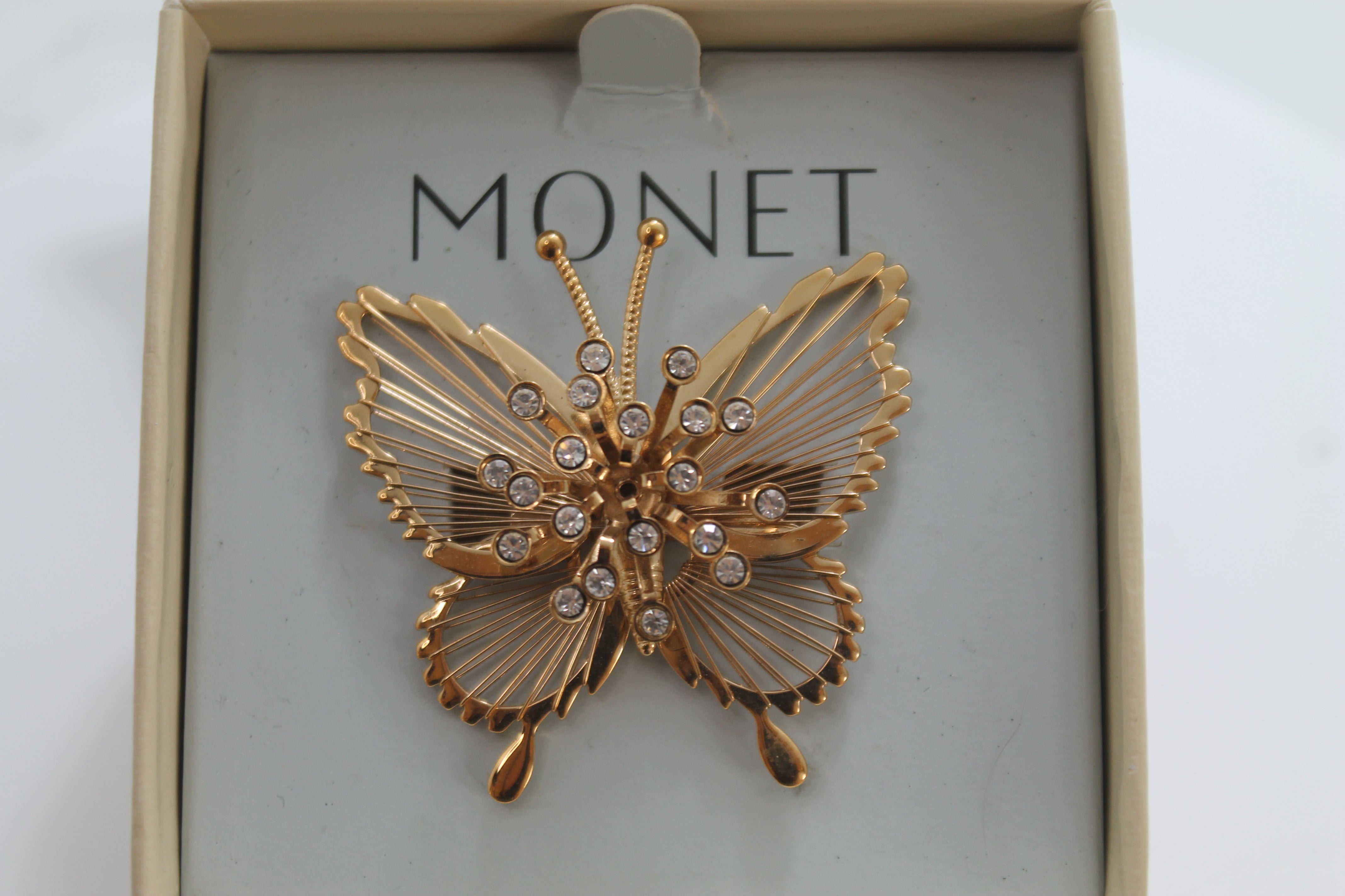 &quot;Monet&quot; Vintage Butterfly Brooch Rhinestone Domed Starburst